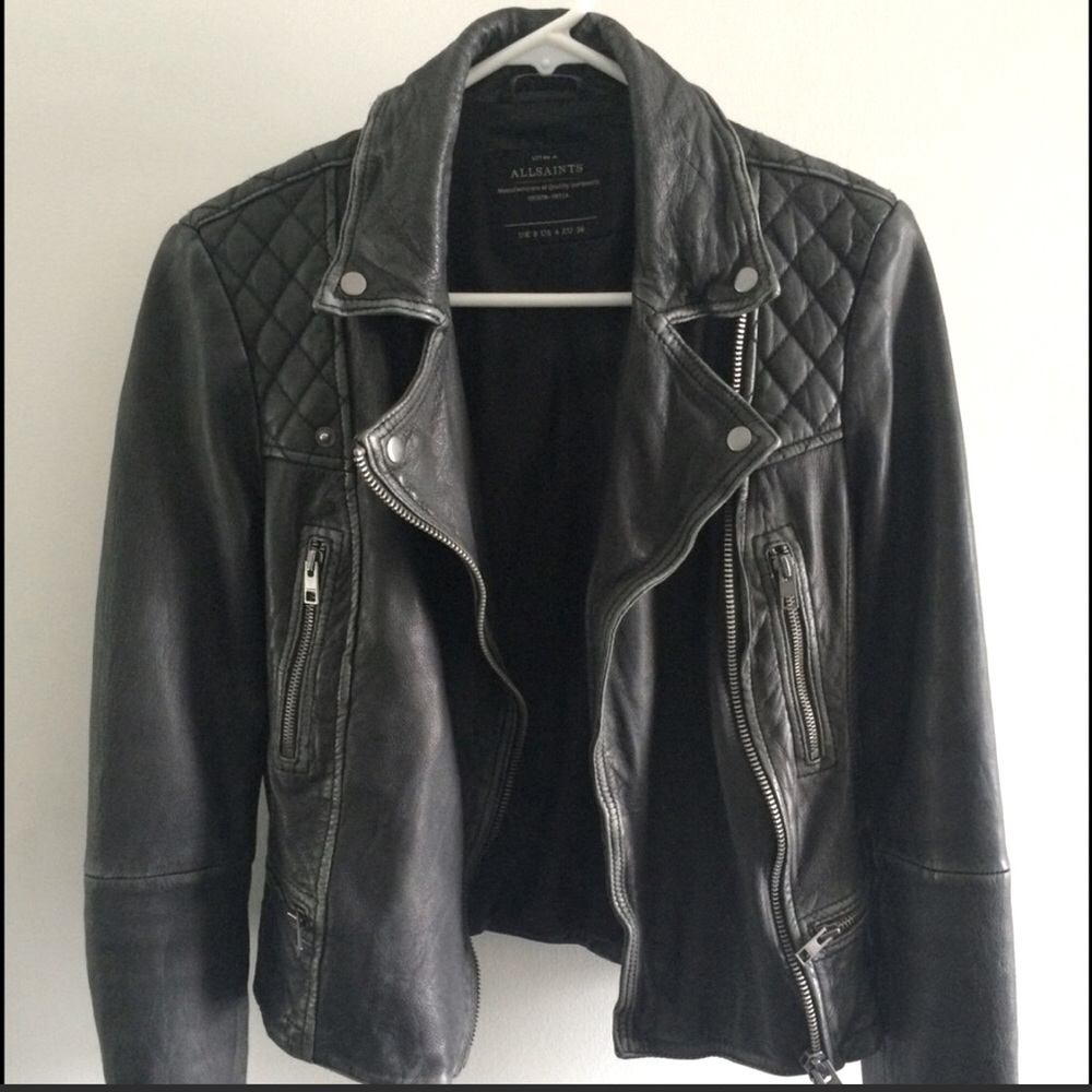 ALLSAINTS Gray Cargo Biker Leather Jacket